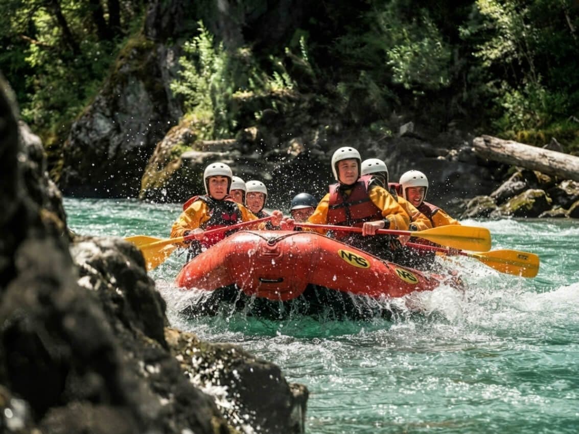 Un bote de rafting entrando en un rápido del río Manso, encajonado entre paredes de roca y bosque.